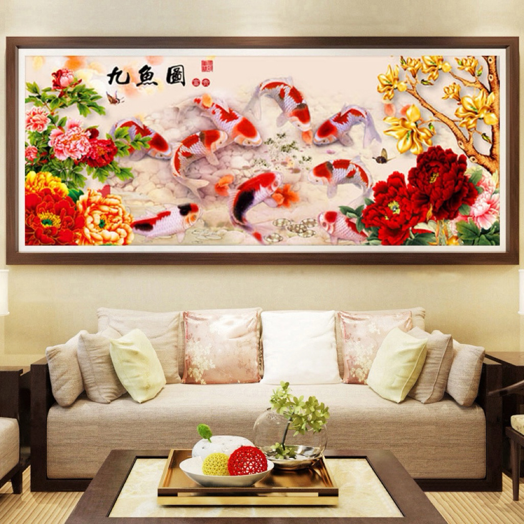 Tranh thêu kín Cửu ngư đồ DW1206, kích thước 120x 52 cm