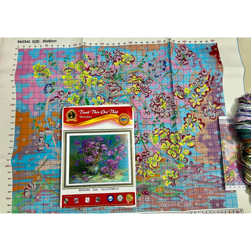 [Thêu 2 sợi] Tranh thêu kín Bình hoa MN0340, kích thước 65x80 cm