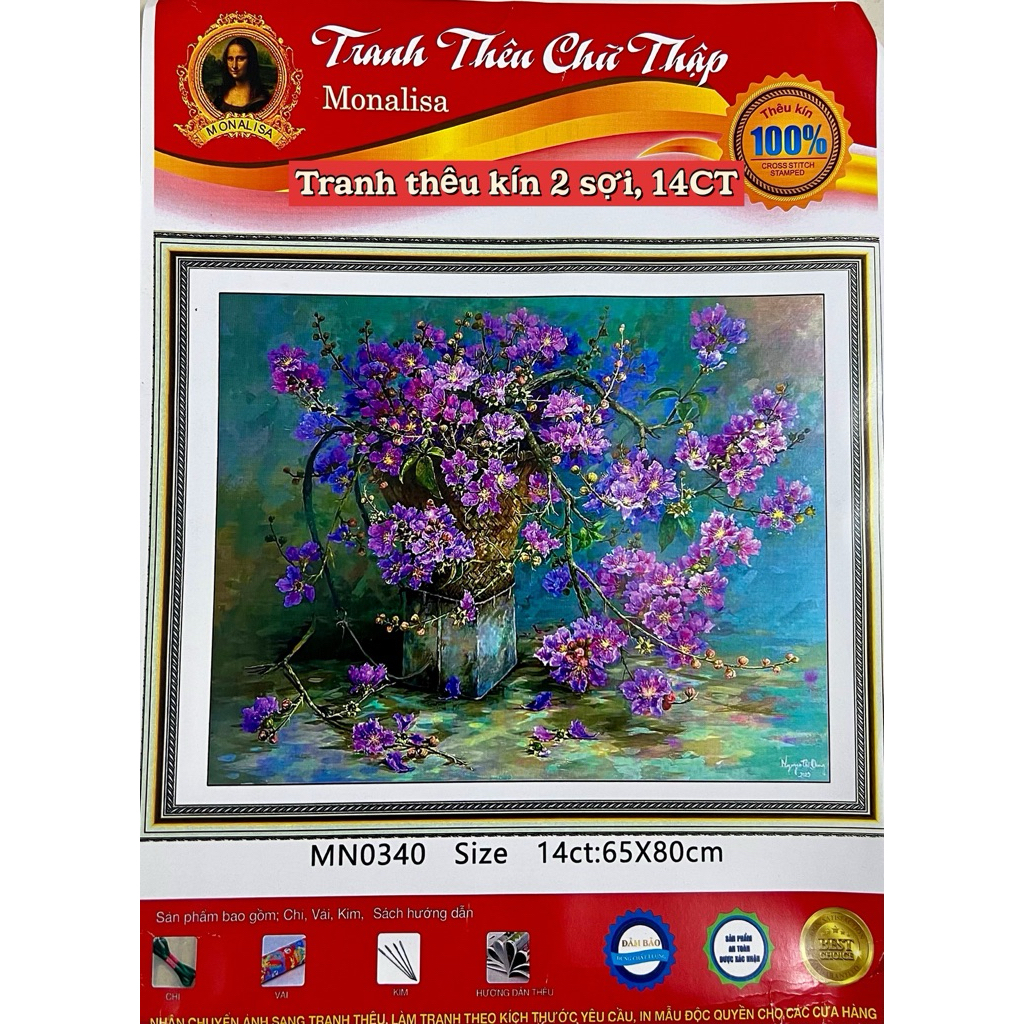 [Thêu 2 sợi] Tranh thêu kín Bình hoa MN0340, kích thước 65x80 cm