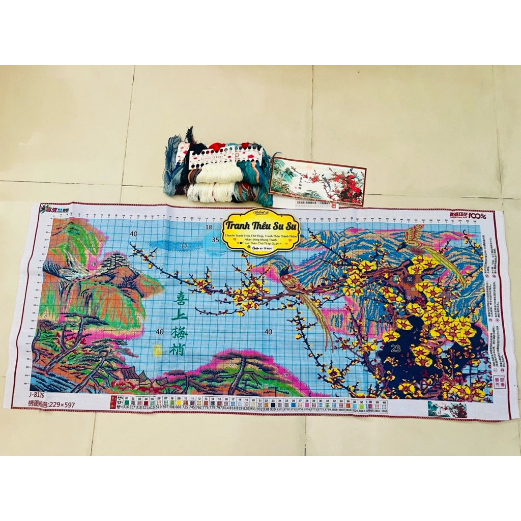 Tranh thêu kín Phong cảnh cánh chim đón xuân sang J8126, kích thước 150x 65 cm