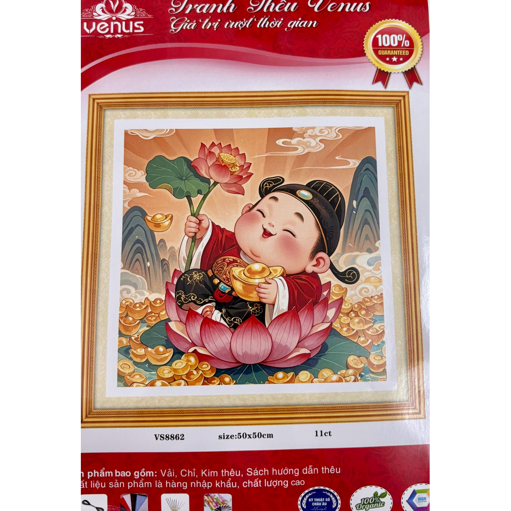 Tranh thêu kín Thần tài hoa sen VS8862, kích thước 50 x 50 cm