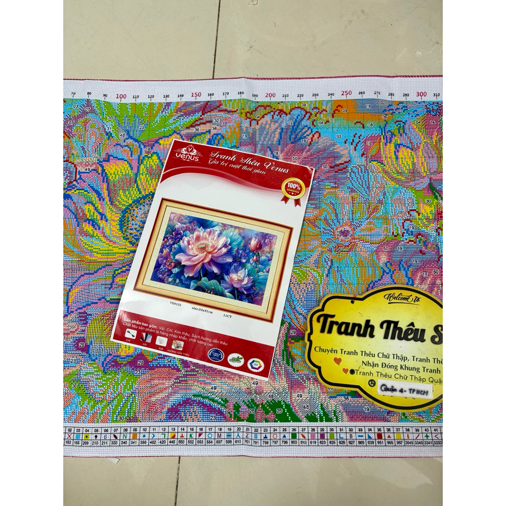 Tranh thêu kín Hoa mẫu đơn rực rỡ VS9131, kích thước 54x91 cm