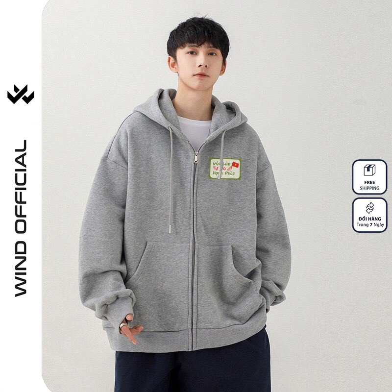 Áo hoodie unisex form rộng WIND CON TEM dây kéo nam nữ nỉ bông oversize vibe Genz khoác chống nắng