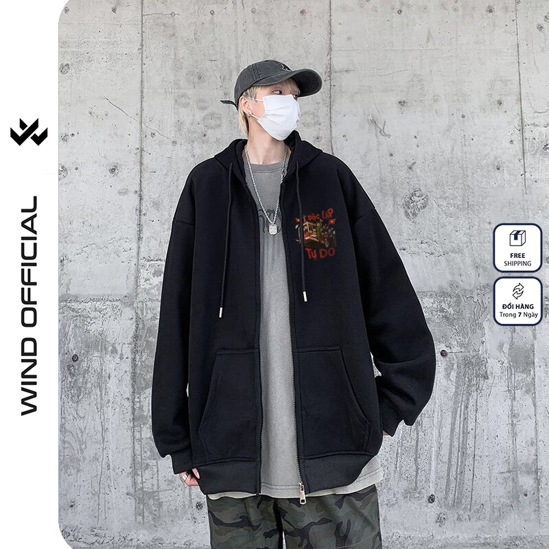 Áo hoodie unisex form rộng WIND Độc Lập Tự Do 2.9 dây kéo nam nữ nỉ bông oversize vibe GenZ khoác chống nắng