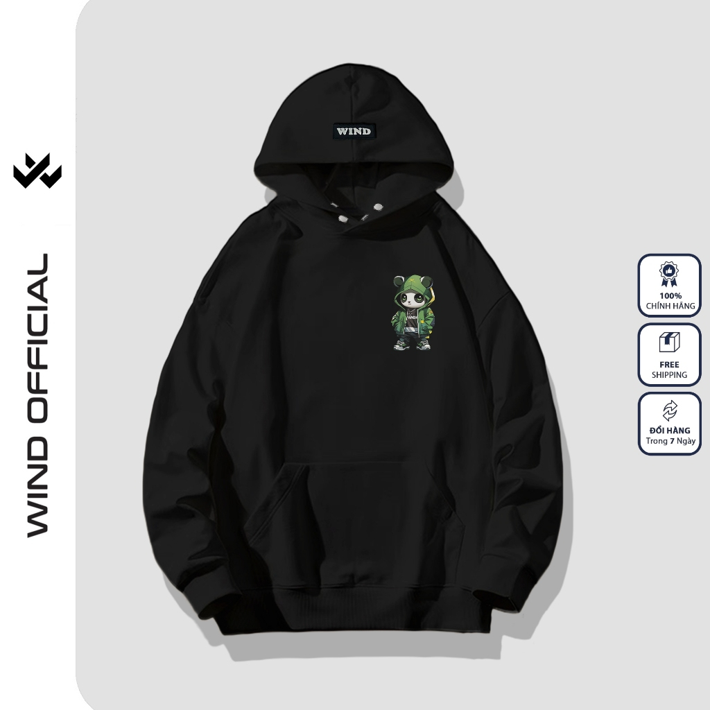 Áo hoodie unisex form rộng WIND Gấu Panda hoodie nút bấm thời trang nam nữ nỉ bông oversize áo khoác chống nắng mùa hè