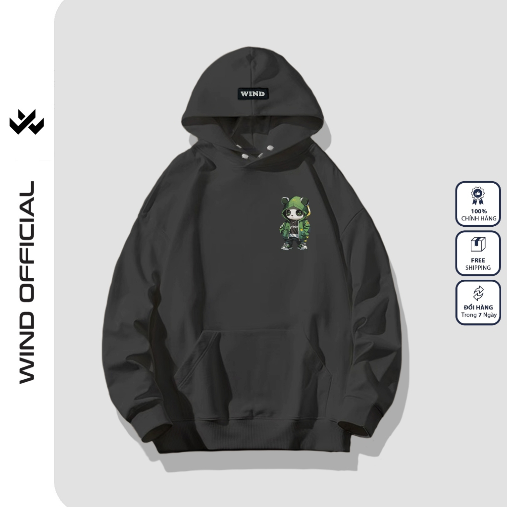 Áo hoodie unisex form rộng WIND Gấu Panda hoodie nút bấm thời trang nam nữ nỉ bông oversize áo khoác chống nắng mùa hè