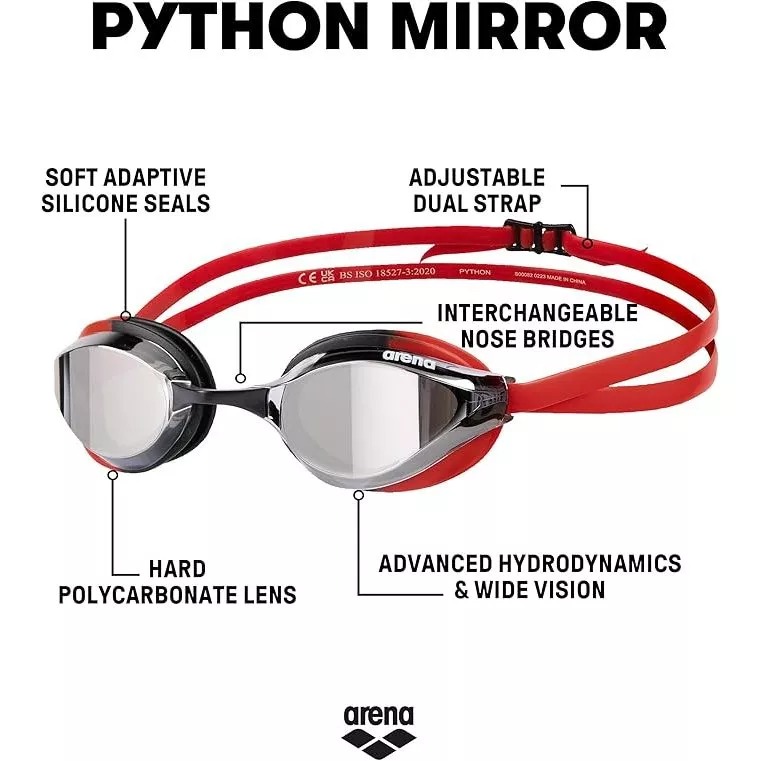 Kính bơi ARENA PYTHON MIRROR Sliver Black Red.