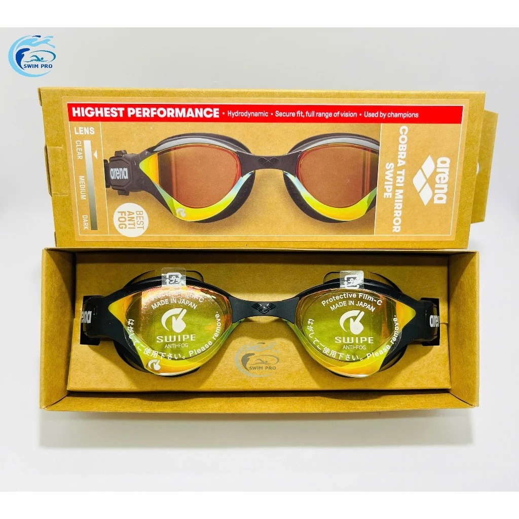 Kính bơi ARENA COBRA TRI MIRROR SWIPE chính hãng đen mắt vàng tráng gương.