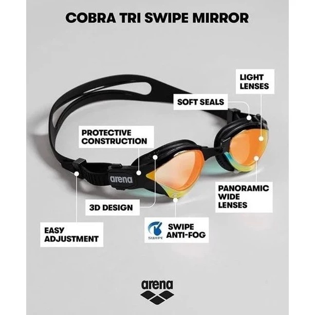 Kính bơi ARENA COBRA TRI MIRROR SWIPE chính hãng đen mắt vàng tráng gương.