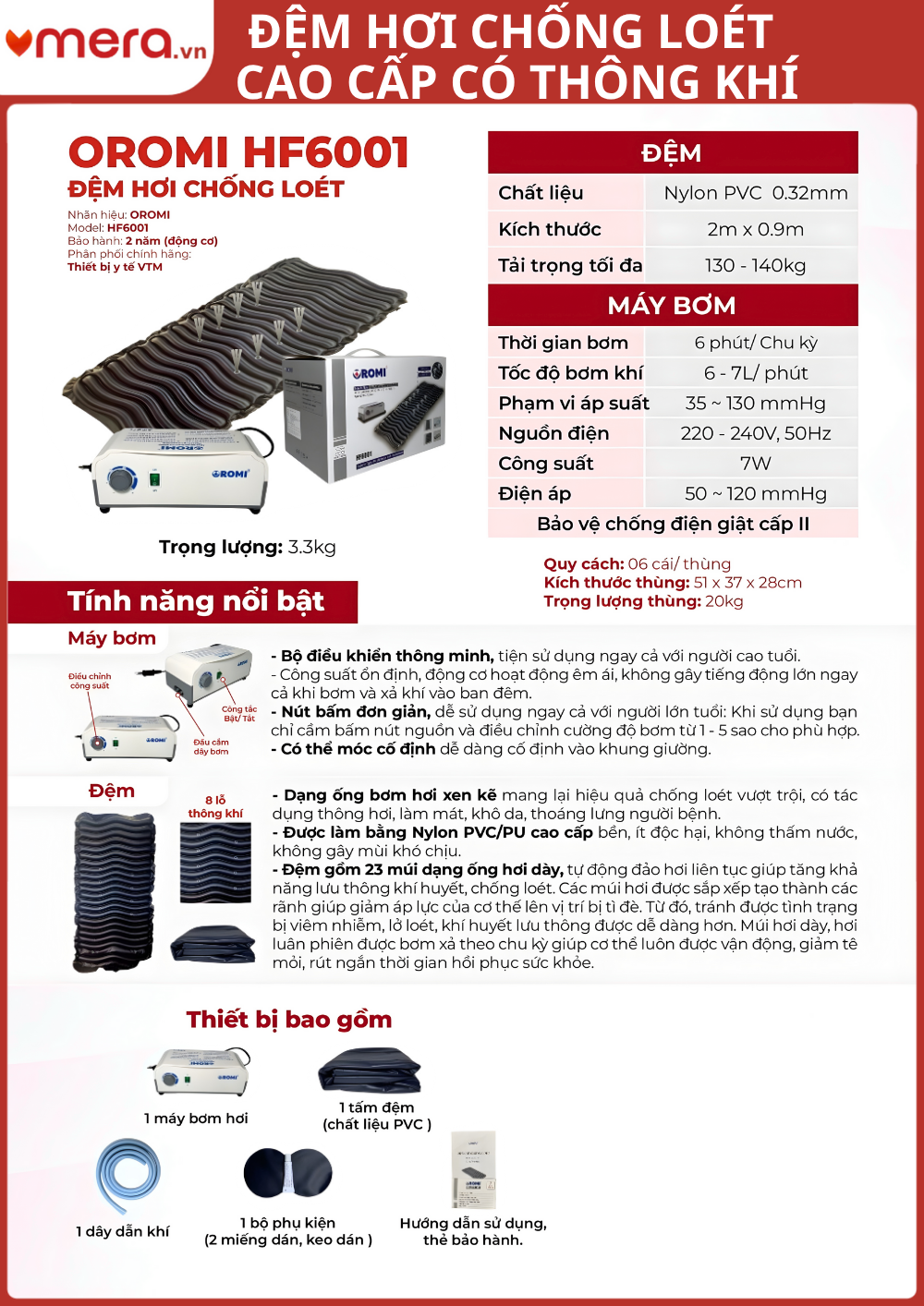 thông số chi tiết đệm hơi chống loét OROMI HF6001 và máy bơm cho người bệnh