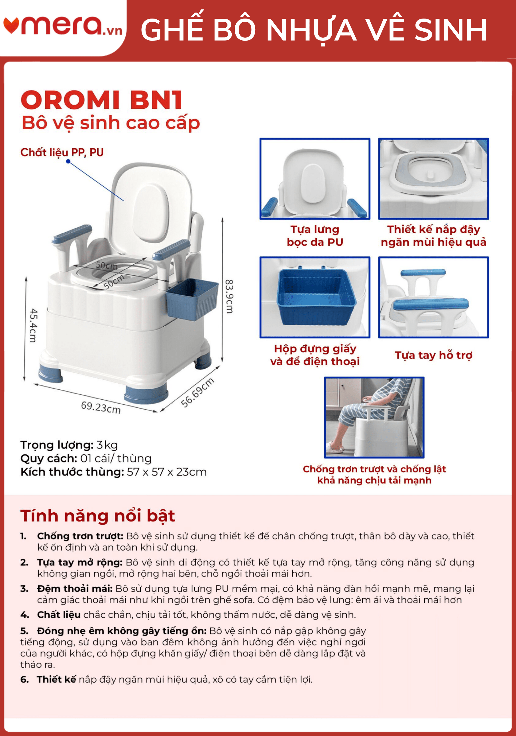 Ghế Bô Vệ Sinh Cao Cấp Có Tựa Lưng, Nắp Đóng Êm (Đệm PU, Chống Trượt) - OROMI BN1