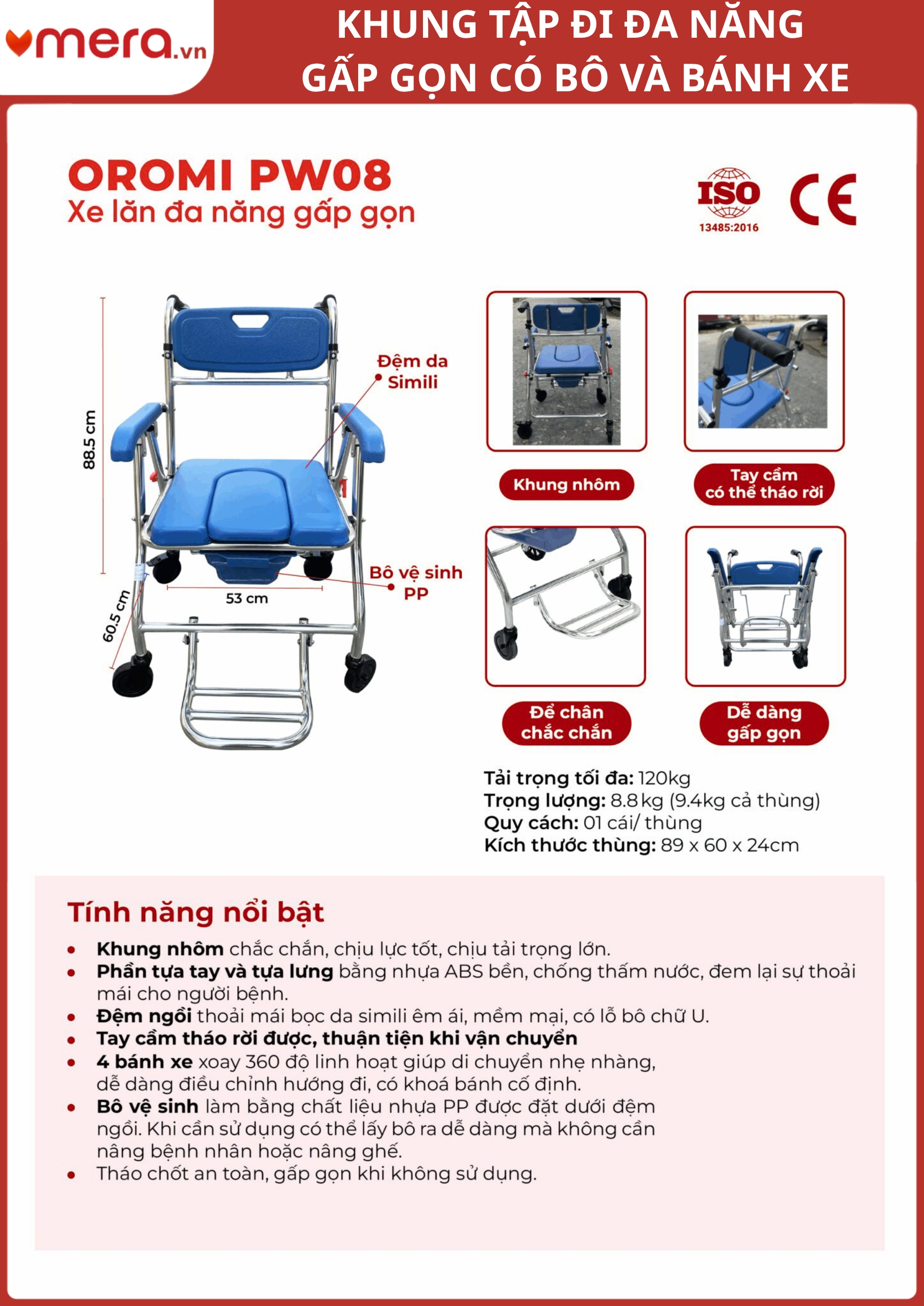 Khung Tập Đi Đa Năng Gấp Gọn Có Bô (Khung Nhôm, Đệm Da Simili) - OROMI PW08