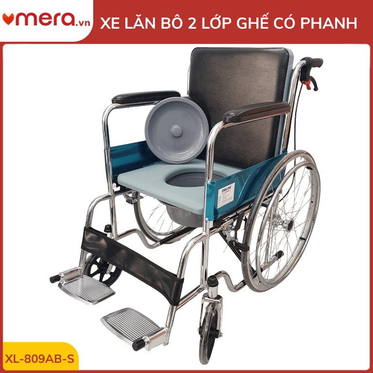 Xe Lăn Có Bô 2 Lớp Ghế, Phanh Tay Người Đẩy (Gấp Gọn, Thép Mạ Crom) - OROMI XL-809AB-S