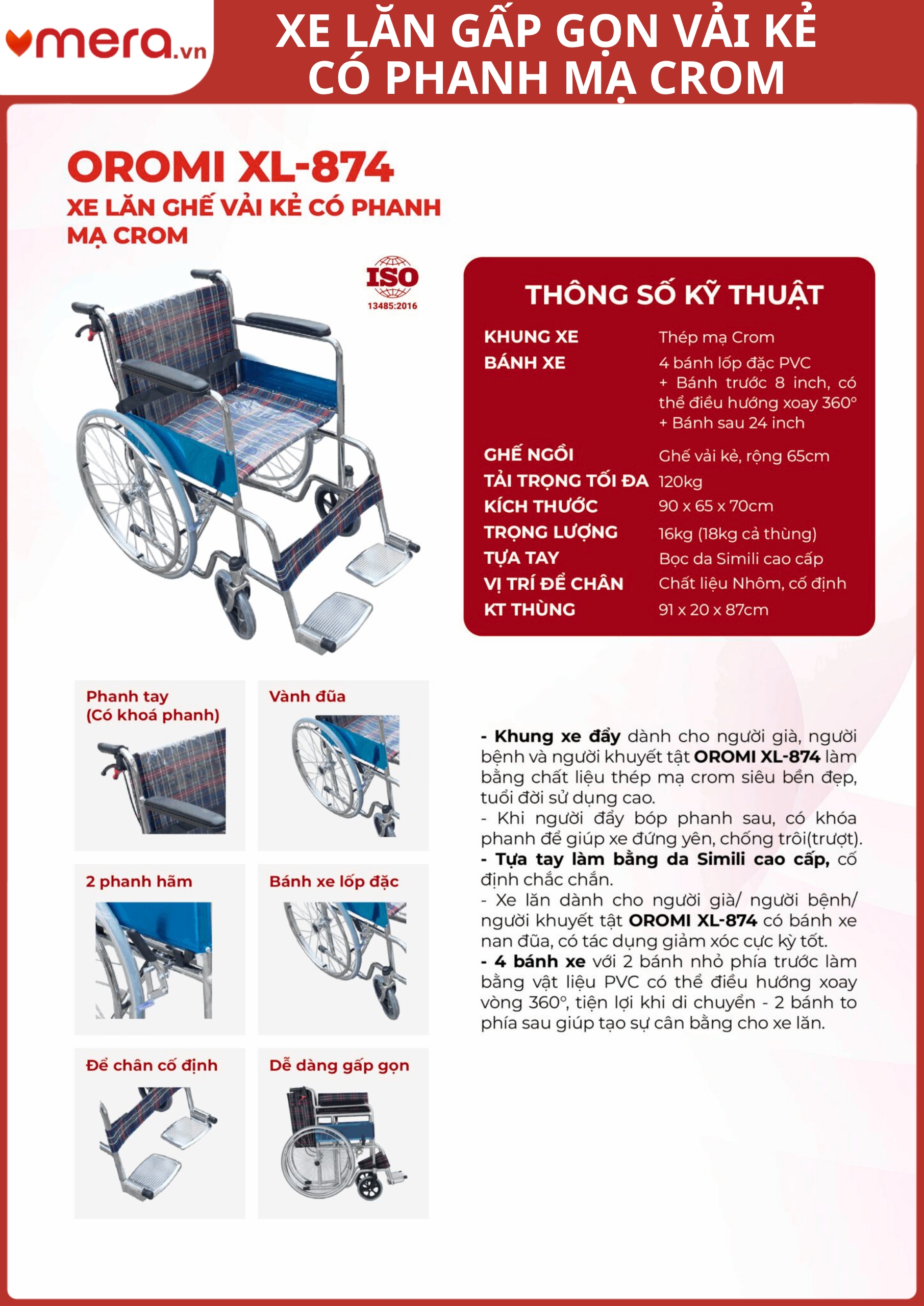 thông số chi tiết Xe Lăn Gấp Gọn Có Phanh Tay Khoá Bánh (Ghế Vải Kẻ Thoáng Khí, Khung Crom) - OROMI XL-874
