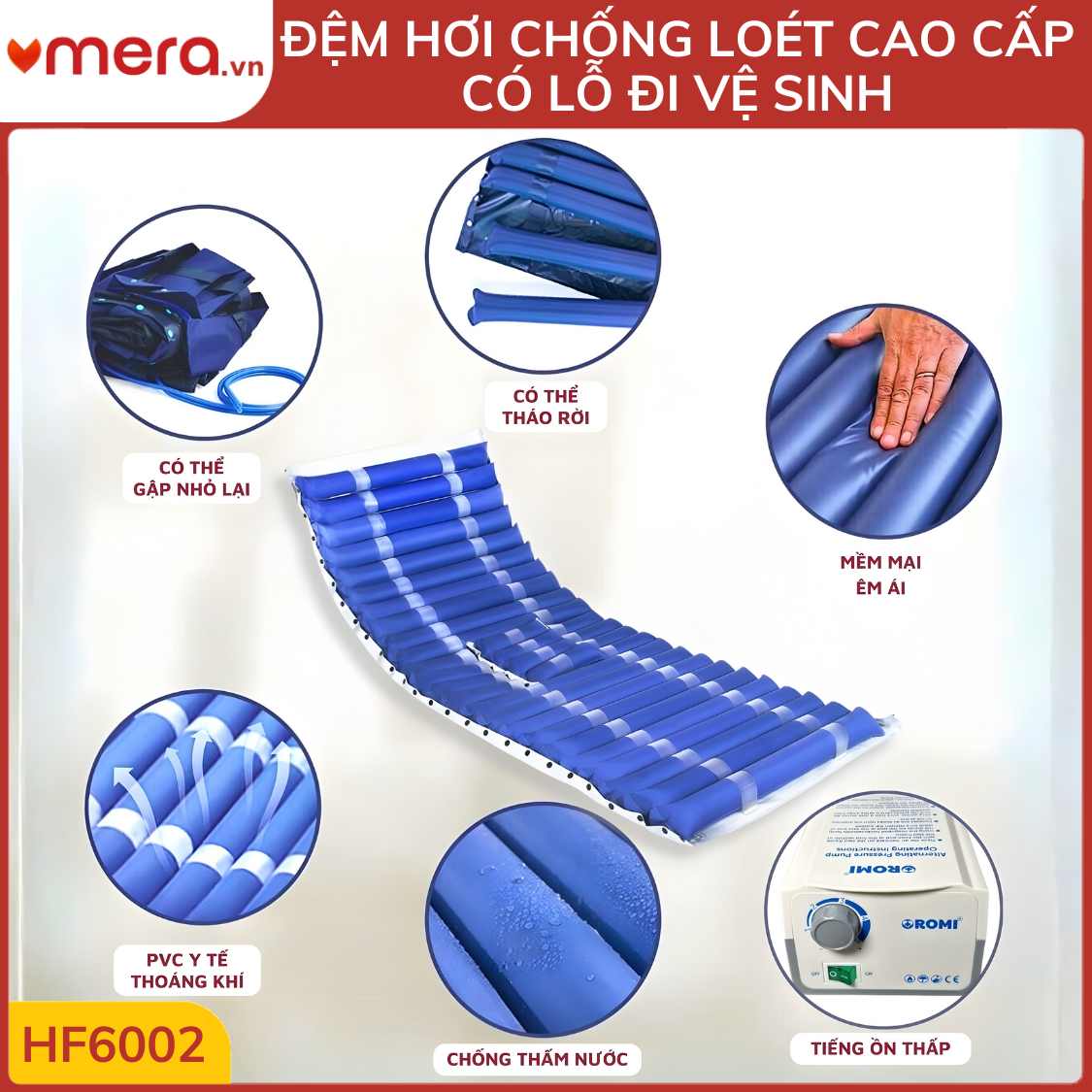 Đệm Hơi Chống Loét Có Lỗ Vệ Sinh OROMI HF6002 (24 Múi Ống 9cm, Tháo Rời Múi, Tải 130kg)