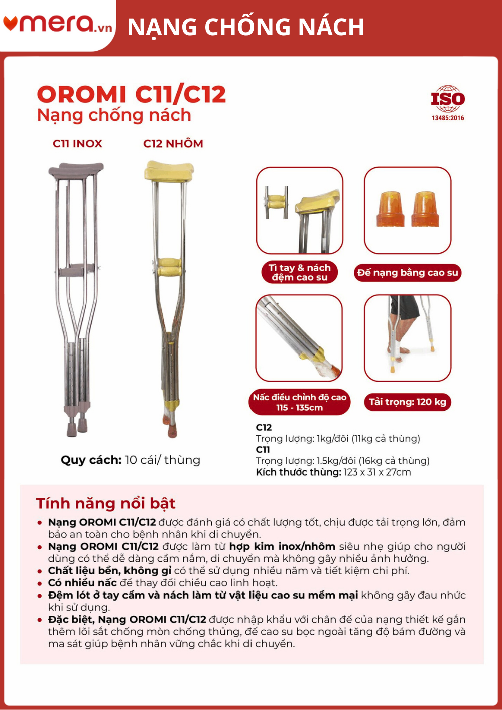 Nạng Chống Nách Điều Chỉnh Độ Cao (Tùy Chọn Inox C11 / Nhôm C12) - OROMI