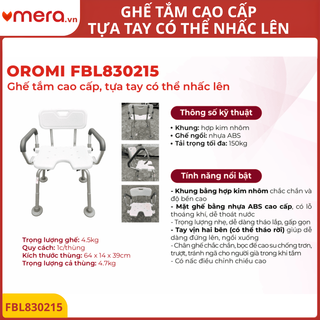 Ghế Tắm Có Tựa Lưng, Tựa Tay Nhấc Lên (Khung Nhôm, Tải 150kg, Chống Trượt) - OROMI FBL830215