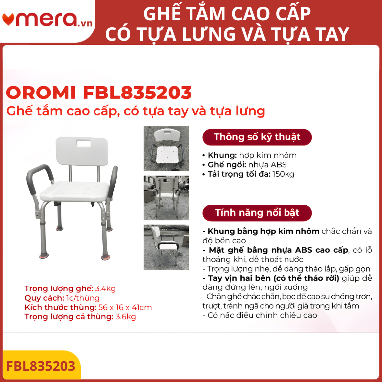 Ghế Tắm Có Tựa Lưng và Tựa Tay Tháo Rời (Khung Nhôm, Tải 150kg, Chống Trượt) - OROMI FBL835203