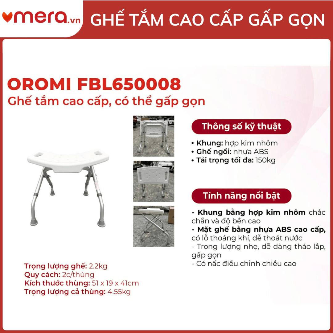 Ghế Tắm Gấp Gọn Chống Trượt (Khung Hợp Kim Nhôm, Tải Trọng 150kg) - OROMI FBL650008
