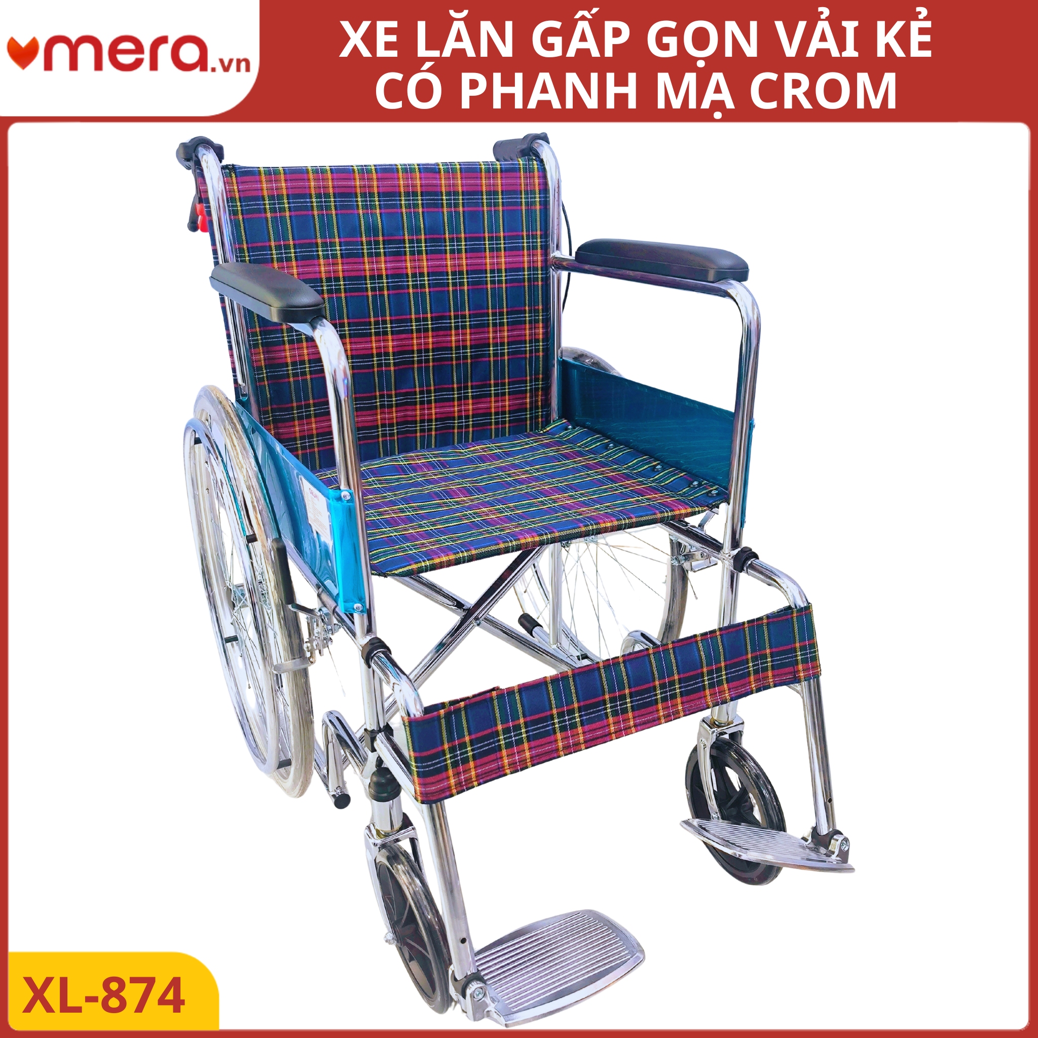 Xe Lăn Gấp Gọn Có Phanh Tay Khoá Bánh (Ghế Vải Kẻ Thoáng Khí, Khung Crom) - OROMI XL-874