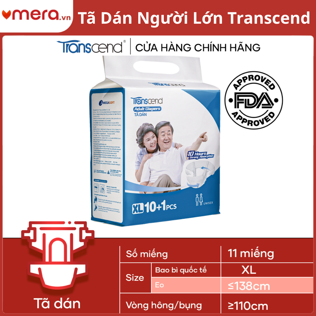 Tã Dán Người Lớn Transcend - Chuẩn FDA Hoa Kỳ, Thấm Hút 10H