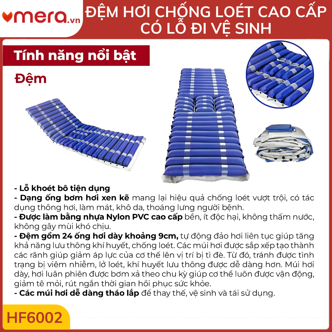 Đệm Hơi Chống Loét Có Lỗ Vệ Sinh OROMI HF6002 (24 Múi Ống 9cm, Tháo Rời Múi, Tải 130kg)