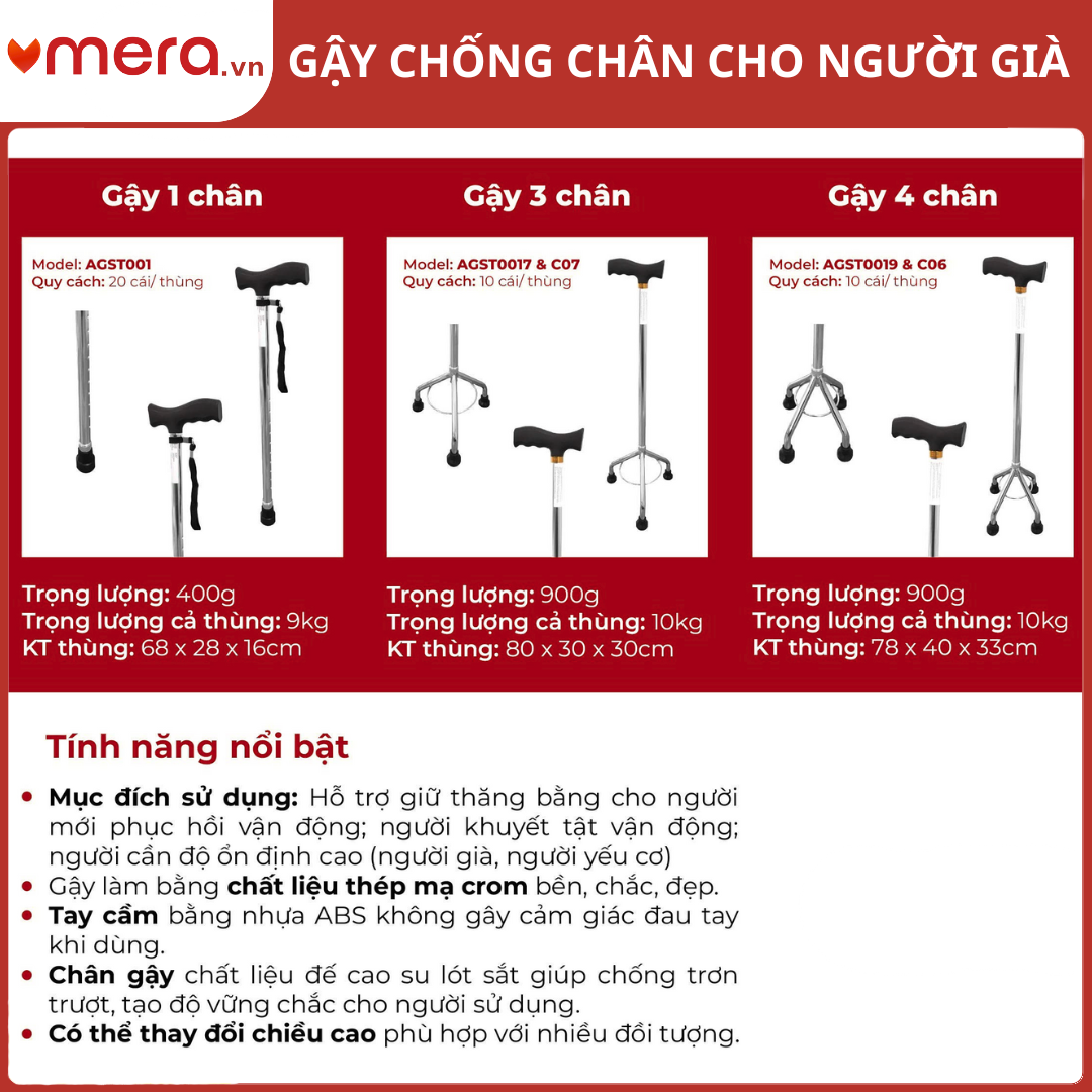 Gậy Chống Cho Người Già (1 Chân, 3 Chân, 4 Chân) Khung Thép Mạ Crom - OROMI