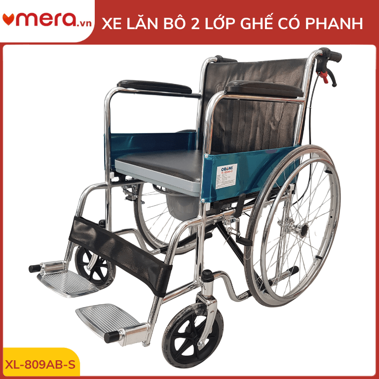 Xe Lăn Có Bô 2 Lớp Ghế, Phanh Tay Người Đẩy (Gấp Gọn, Thép Mạ Crom) - OROMI XL-809AB-S