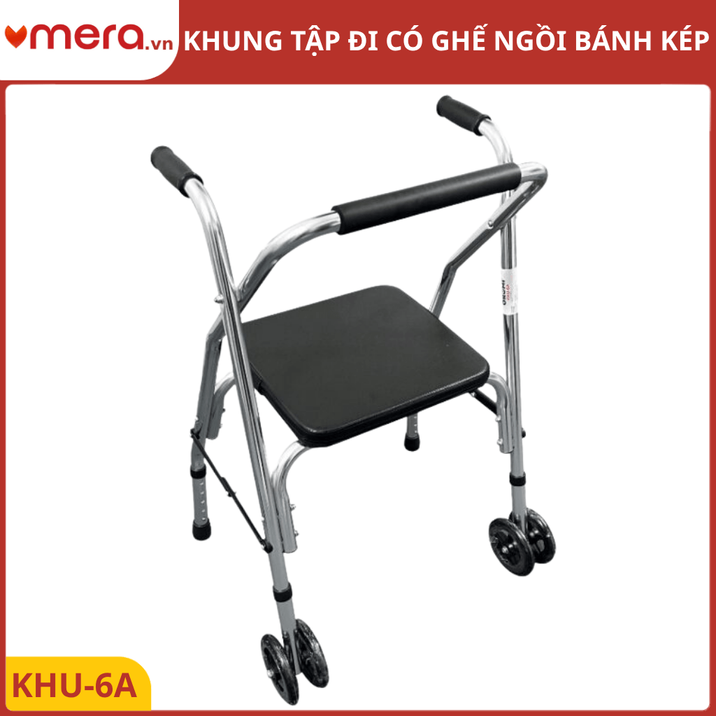 Khung Tập Đi Có Ghế Ngồi, Bánh Xe Kép (Gấp Gọn, Thép Mạ Crom) - OROMI KHU-6A