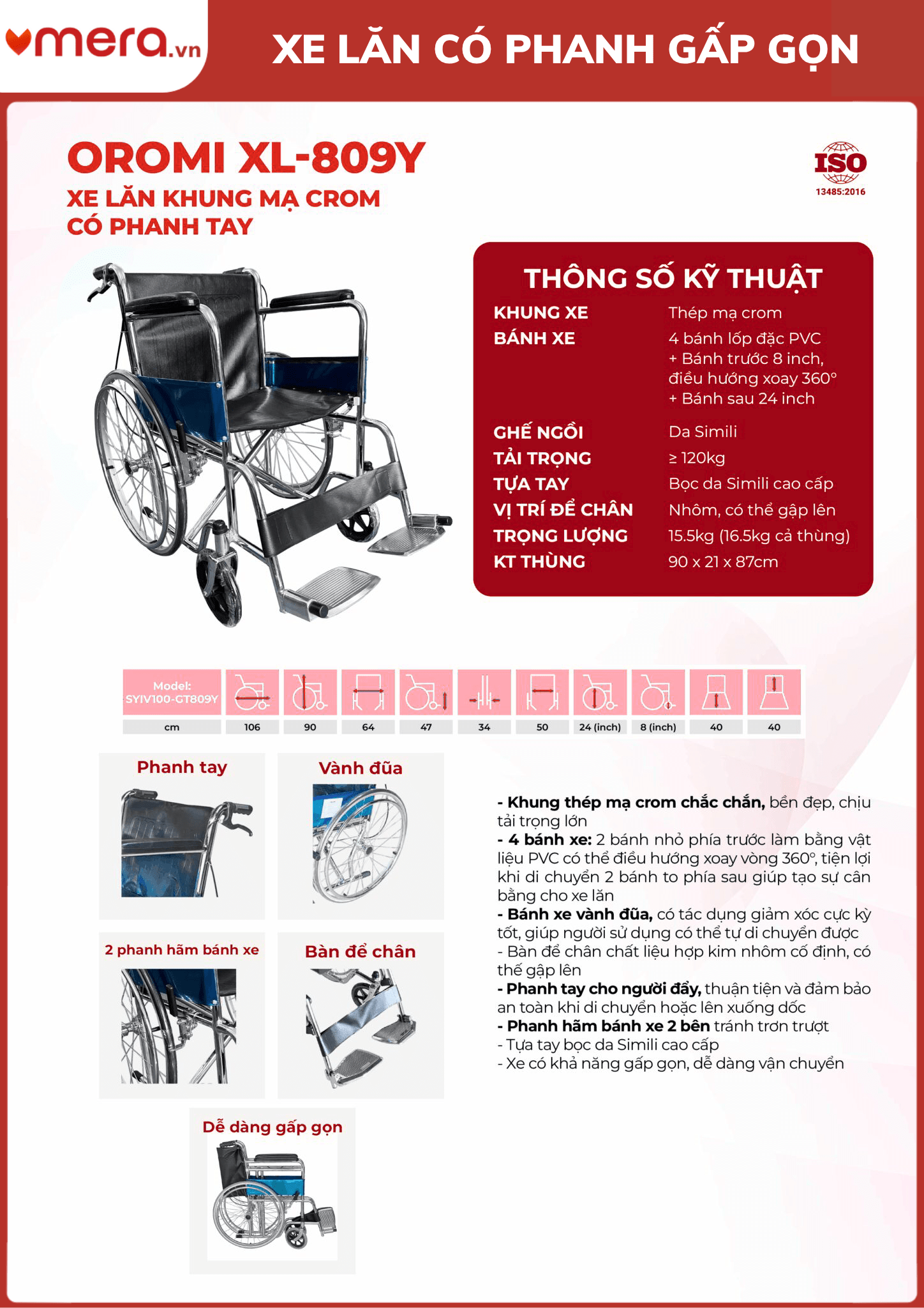 Xe Lăn Tay Gấp Gọn Có Phanh Tay (Khung Thép Mạ Crom) - OROMI XL-809Y