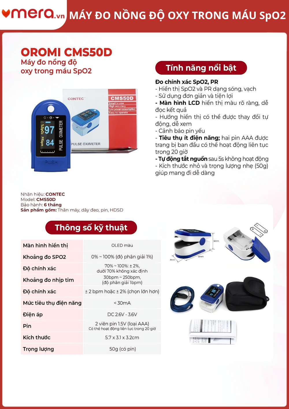 Máy Đo SpO2 Kẹp Ngón Tay, Nhịp Tim (Màn Hình OLED Xoay 4 Chiều, Chính Xác) - CONTEC CMS50D