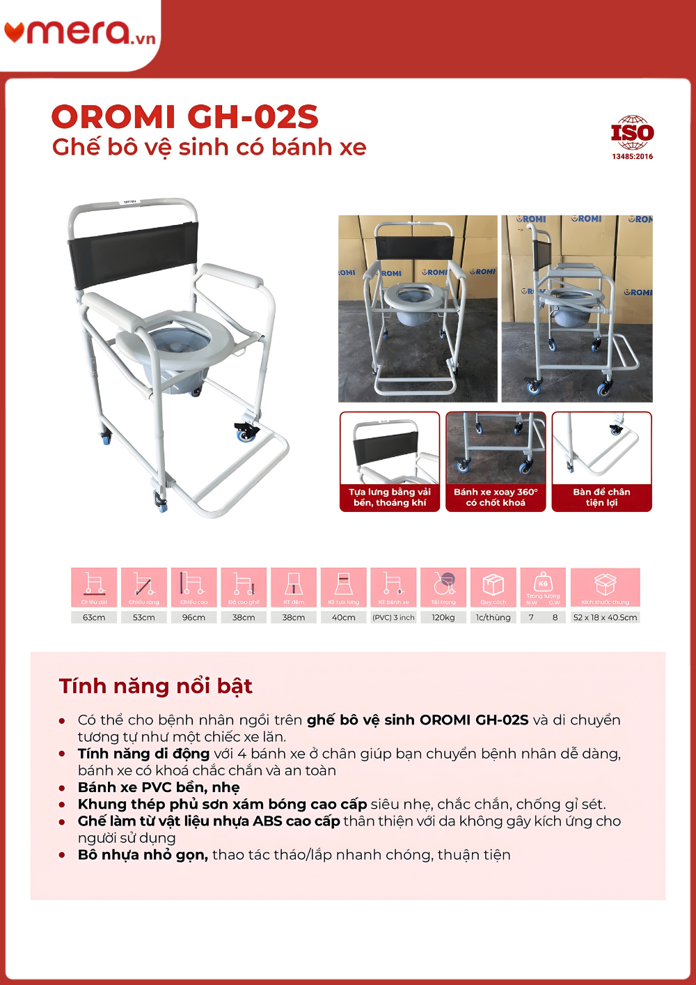 Ghế Bô Vệ Sinh Có Bánh Xe (Khung Thép, 4 Bánh Khoá Chốt An Toàn) - OROMI GH-02S