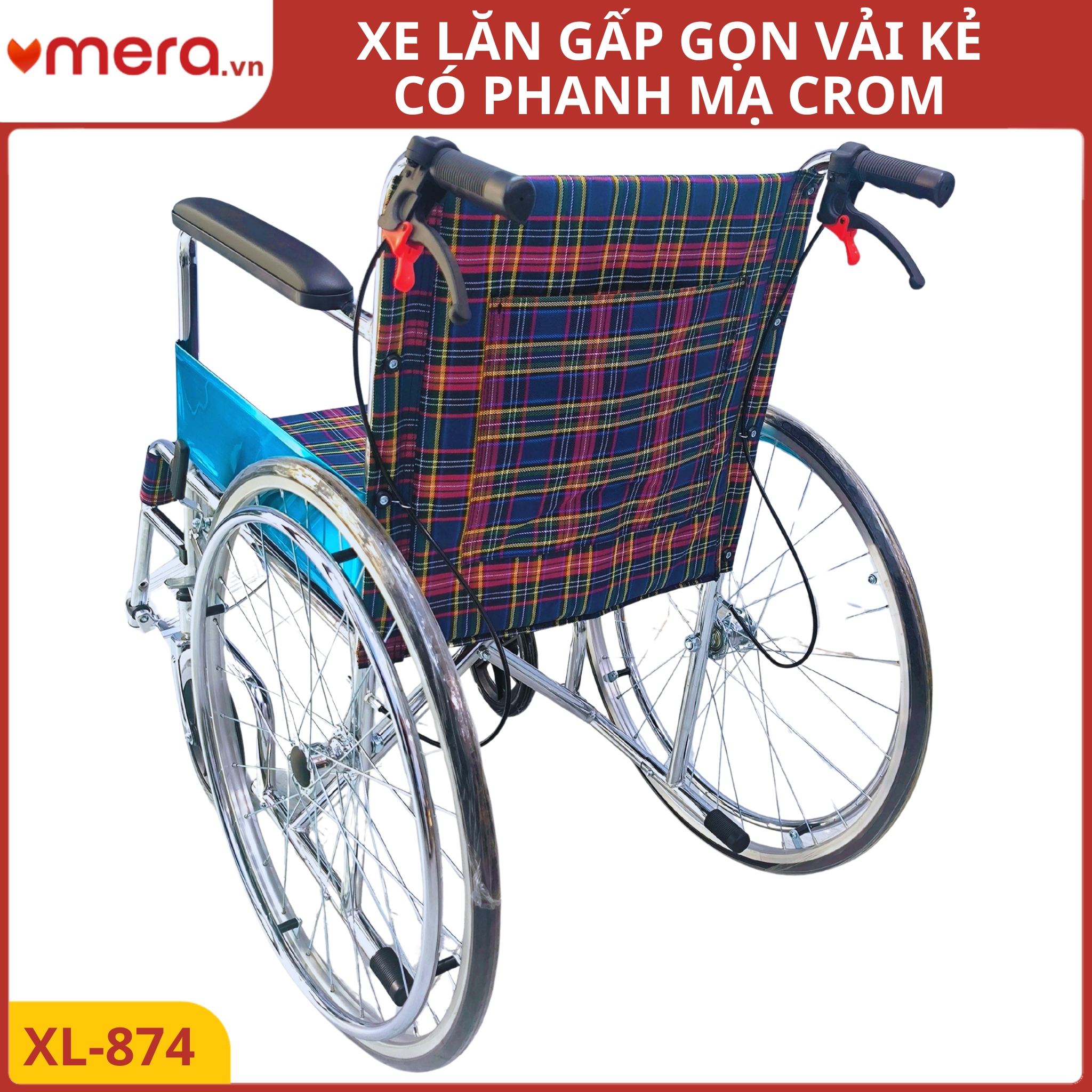 Xe Lăn Gấp Gọn Có Phanh Tay Khoá Bánh (Ghế Vải Kẻ Thoáng Khí, Khung Crom) - OROMI XL-874