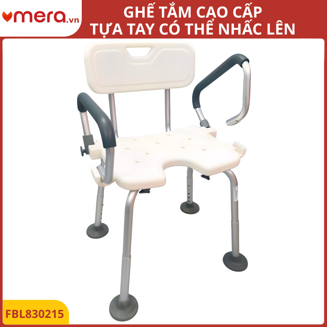 Ghế Tắm Có Tựa Lưng, Tựa Tay Nhấc Lên (Khung Nhôm, Tải 150kg, Chống Trượt) - OROMI FBL830215