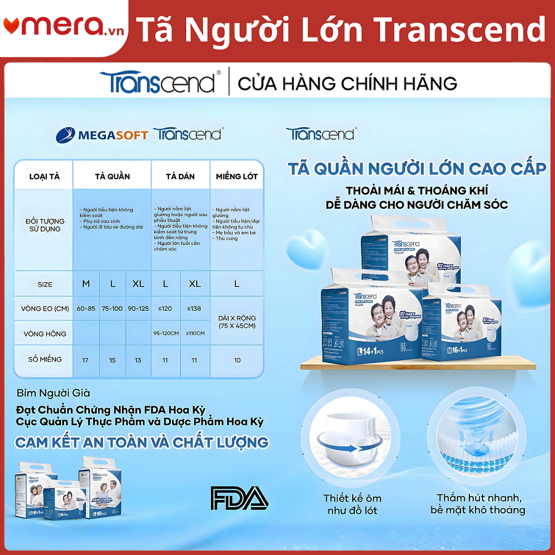 Tã Dán Người Lớn Transcend - Chuẩn FDA Hoa Kỳ, Thấm Hút 10H