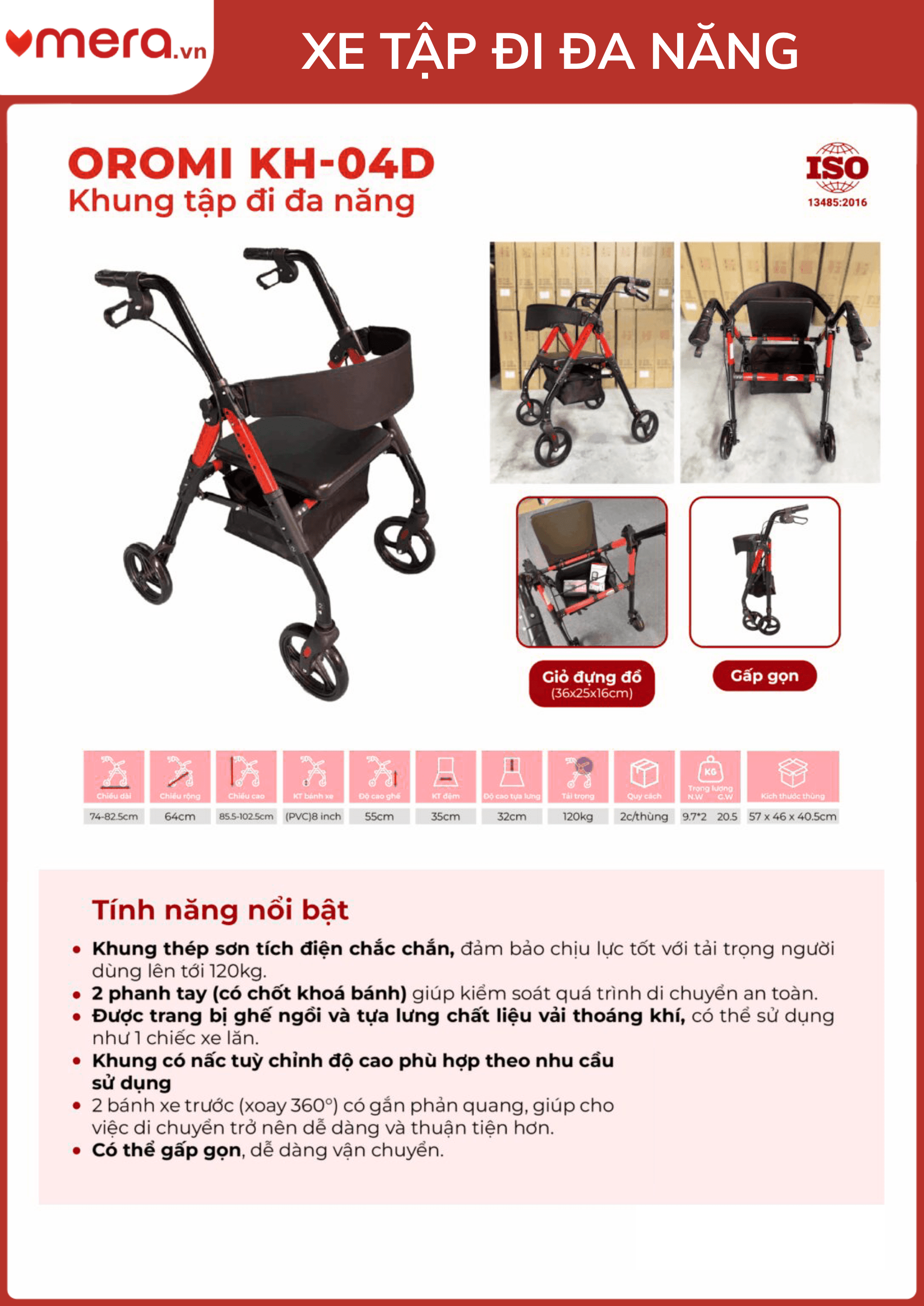 Xe Tập Đi Đa Năng Có Ghế Ngồi, Phanh Tay Khoá Bánh (Gấp Gọn) - OROMI KH-04D