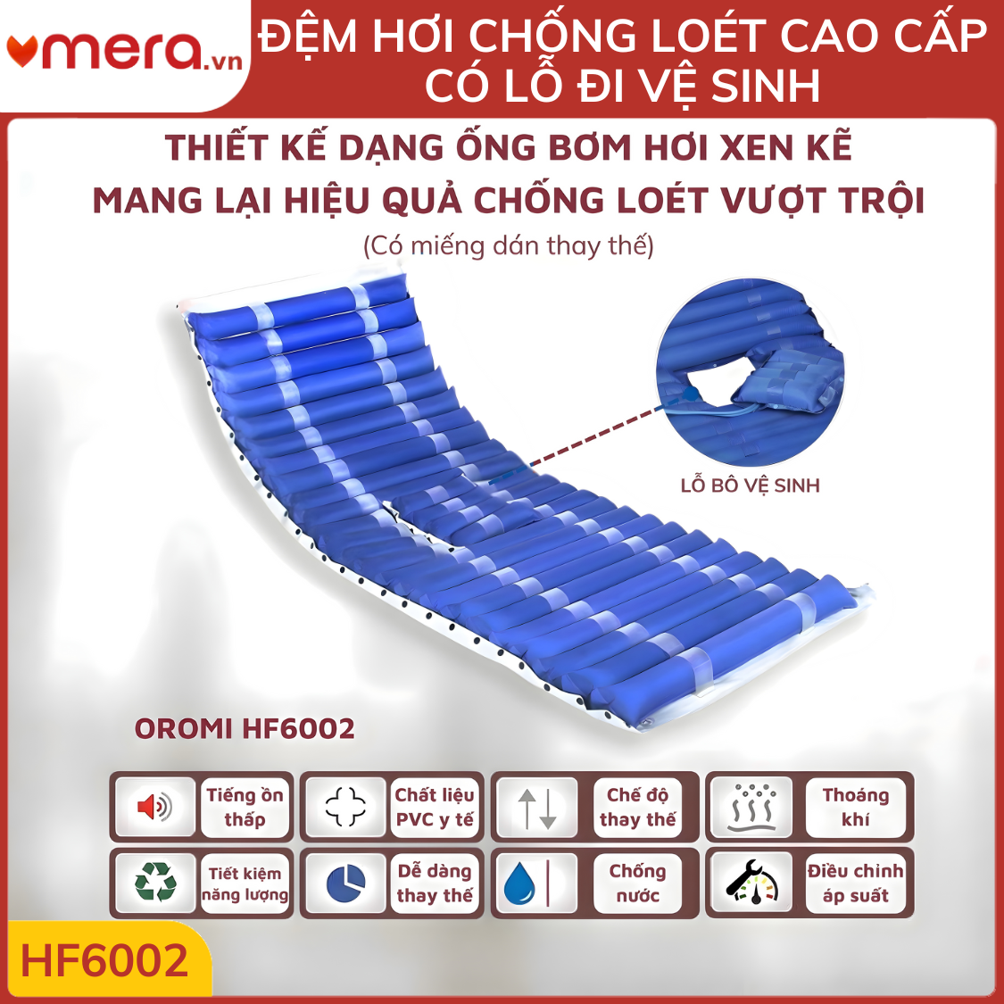 Đệm Hơi Chống Loét Có Lỗ Vệ Sinh OROMI HF6002 (24 Múi Ống 9cm, Tháo Rời Múi, Tải 130kg)