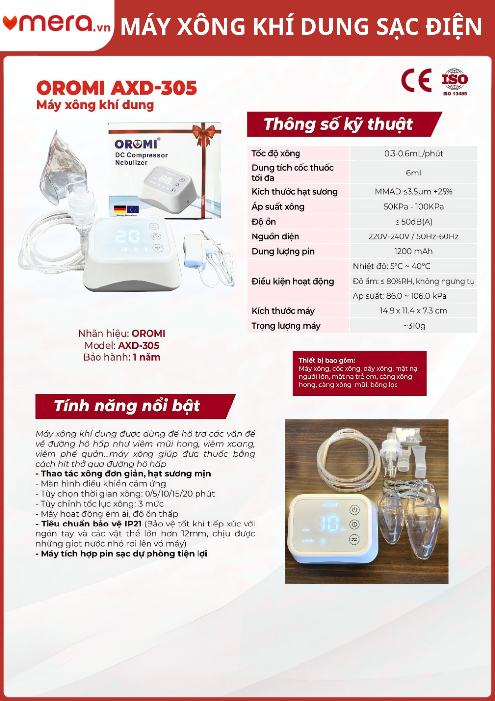 Máy Xông Khí Dung Pin Sạc (Hạt Sương Mịn ≤3.5μm, Siêu Êm ≤50dB, Hẹn Giờ) - OROMI AXD-305