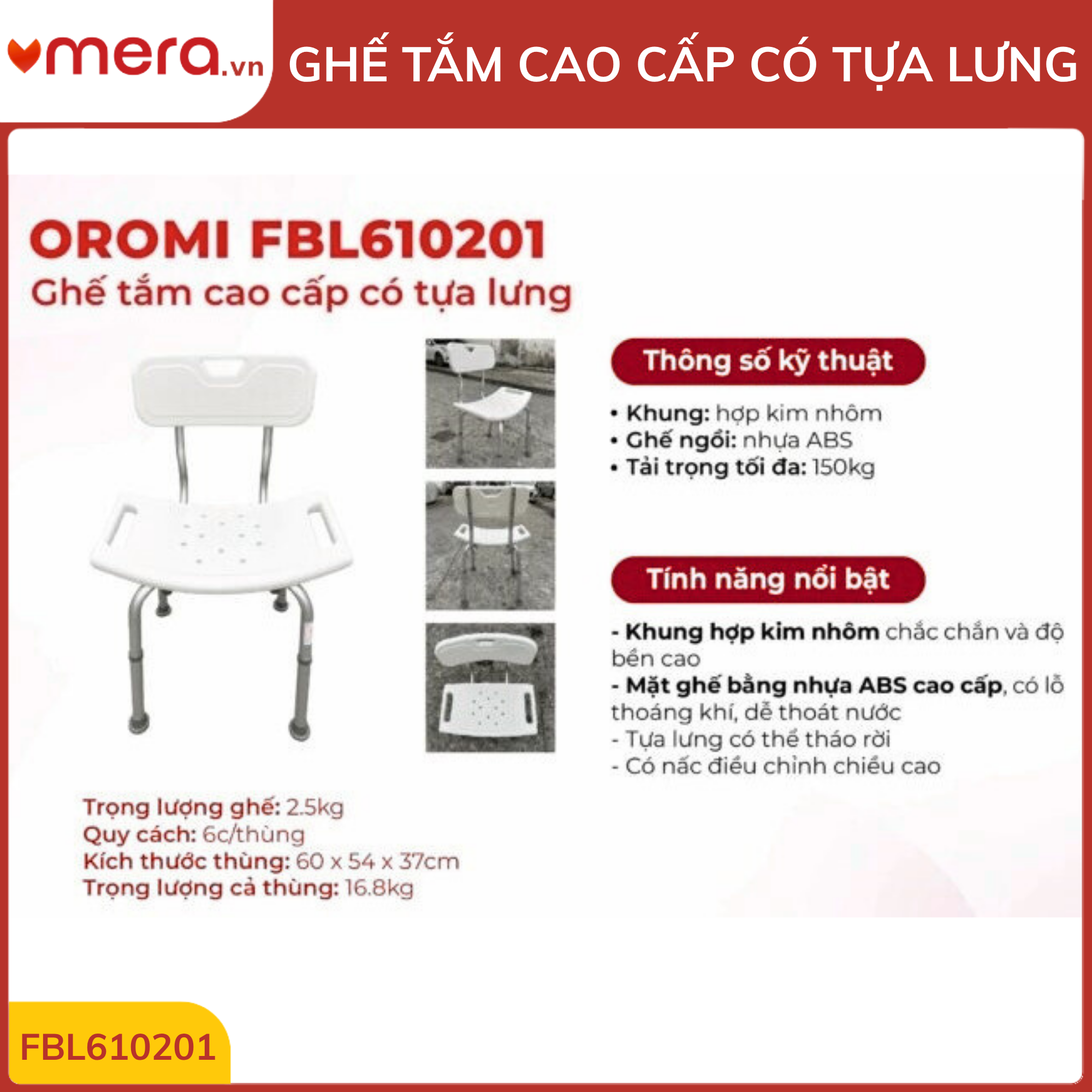 thông số chi tiết ghế tắm có tựa lưng OROMI FBL610201 khung hợp kim nhôm dành cho người khuyết tật và người lớn tuổi