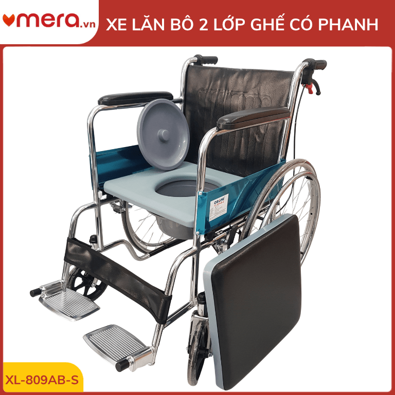 Xe Lăn Có Bô 2 Lớp Ghế, Phanh Tay Người Đẩy (Gấp Gọn, Thép Mạ Crom) - OROMI XL-809AB-S