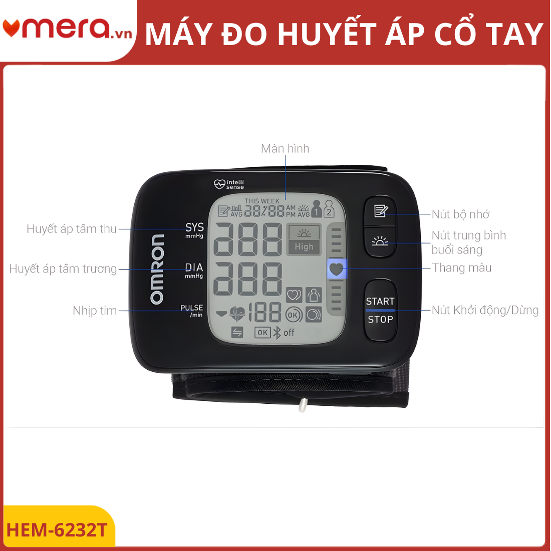Máy Đo Huyết Áp Cổ Tay Omron HEM-6232T (Bluetooth, Cảm Biến Định Vị Tim, 2 Người Dùng)