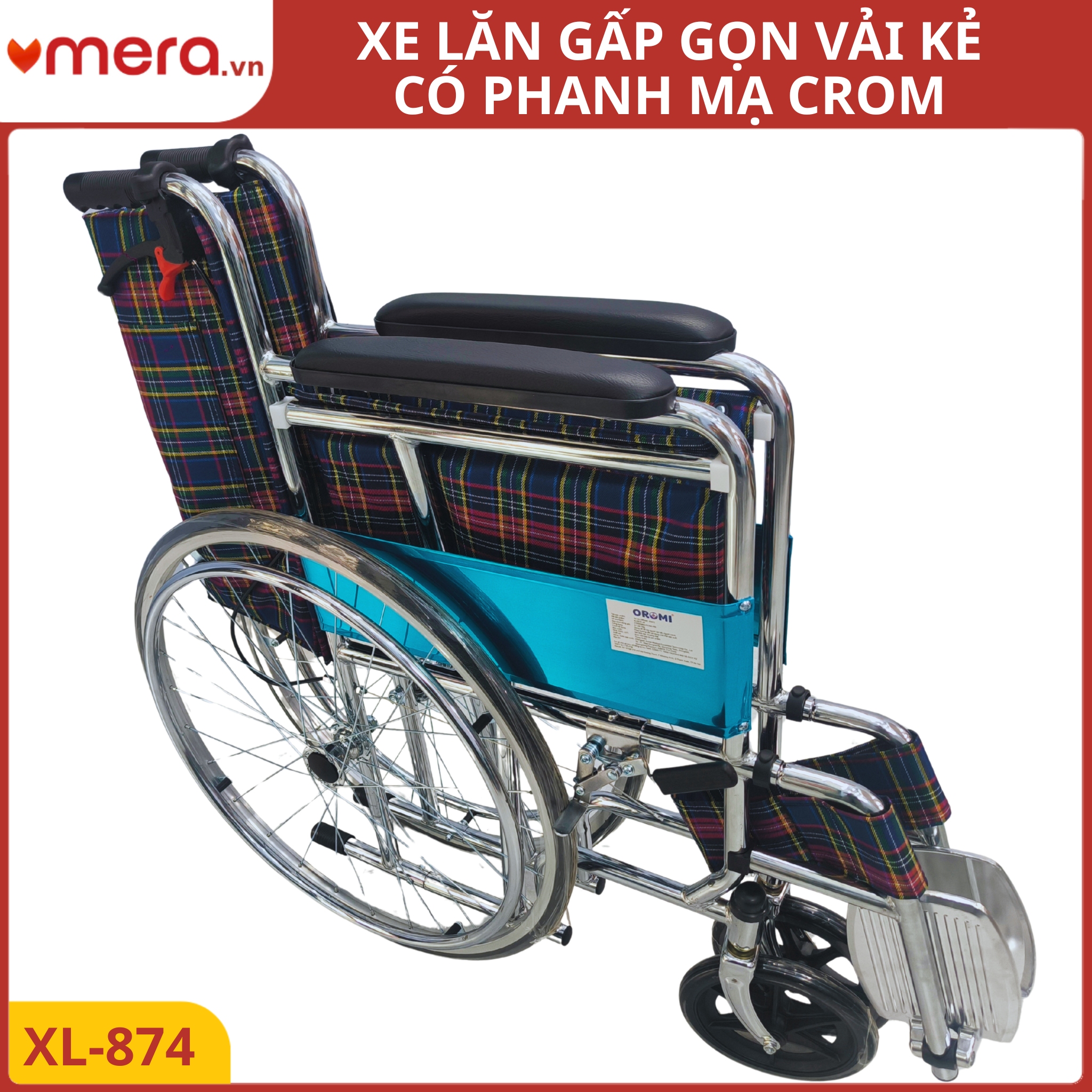 Xe Lăn Gấp Gọn Có Phanh Tay Khoá Bánh (Ghế Vải Kẻ Thoáng Khí, Khung Crom) - OROMI XL-874