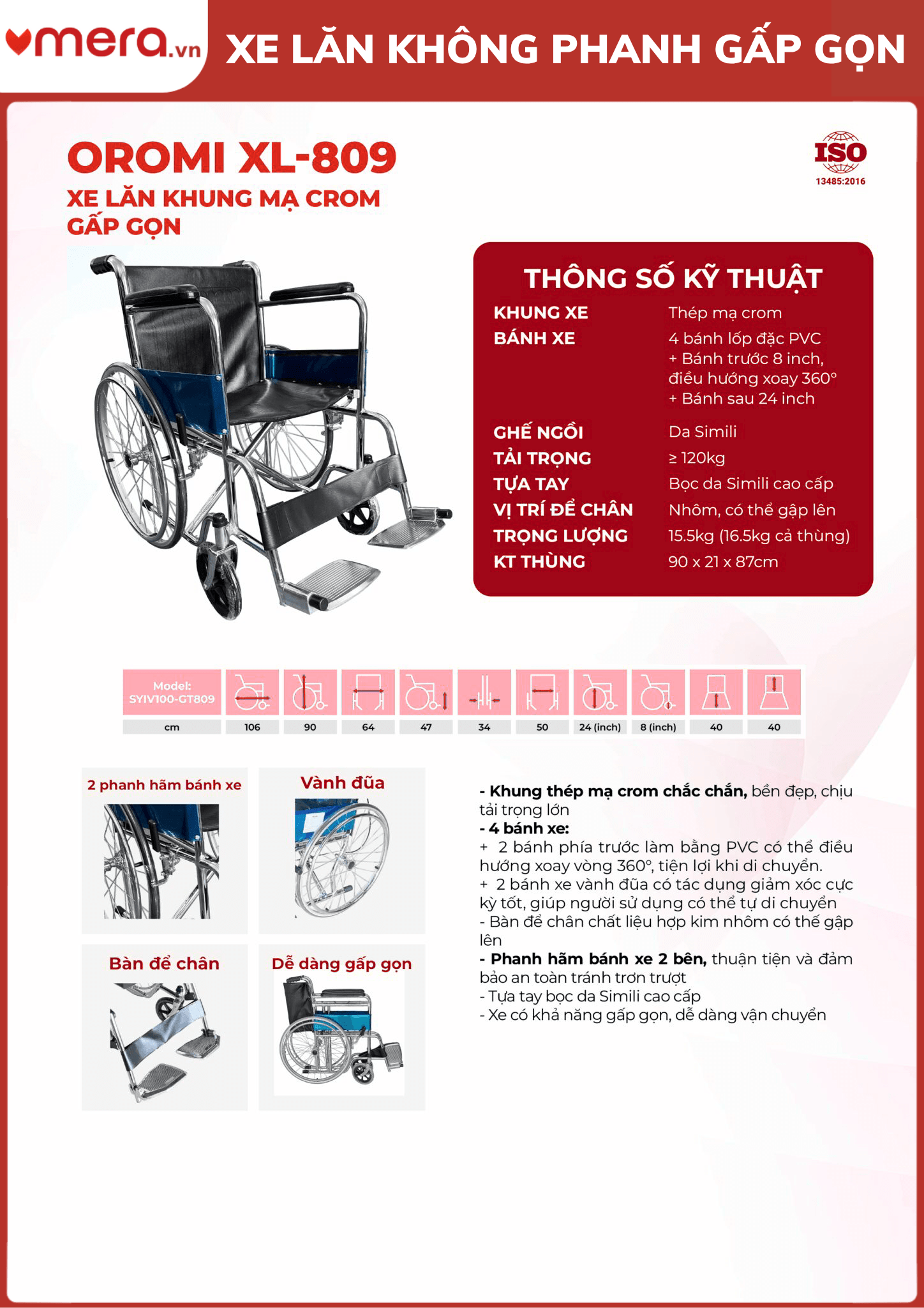 Xe Lăn Tay Gấp Gọn, Không Phanh Tay (Khung Thép Mạ Crom) - OROMI XL-809