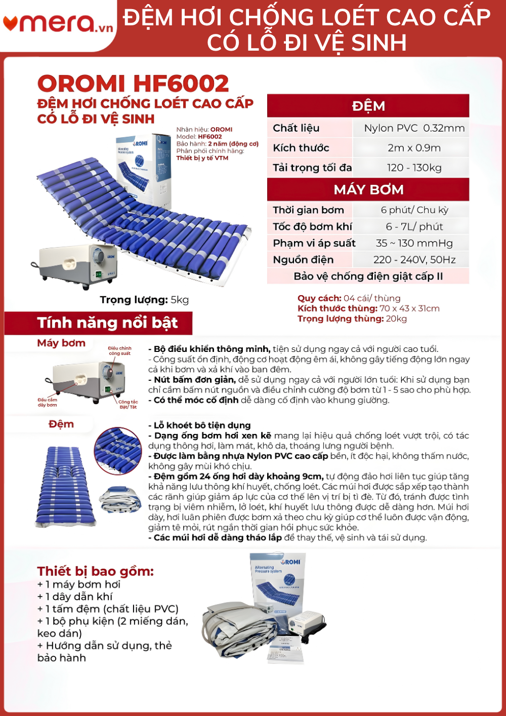 thông số chi tiết Đệm Hơi Chống Loét Có Lỗ Vệ Sinh OROMI HF6002 (24 Múi Ống 9cm, Tháo Rời Múi, Tải 130kg)