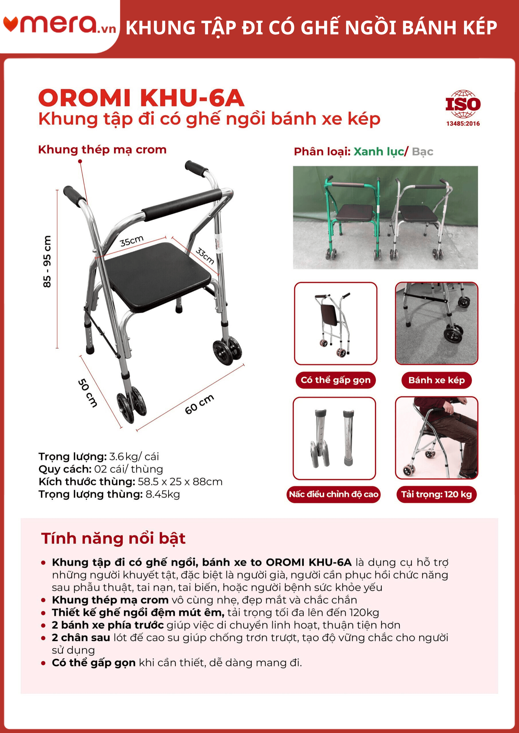 Khung Tập Đi Có Ghế Ngồi, Bánh Xe Kép (Gấp Gọn, Thép Mạ Crom) - OROMI KHU-6A