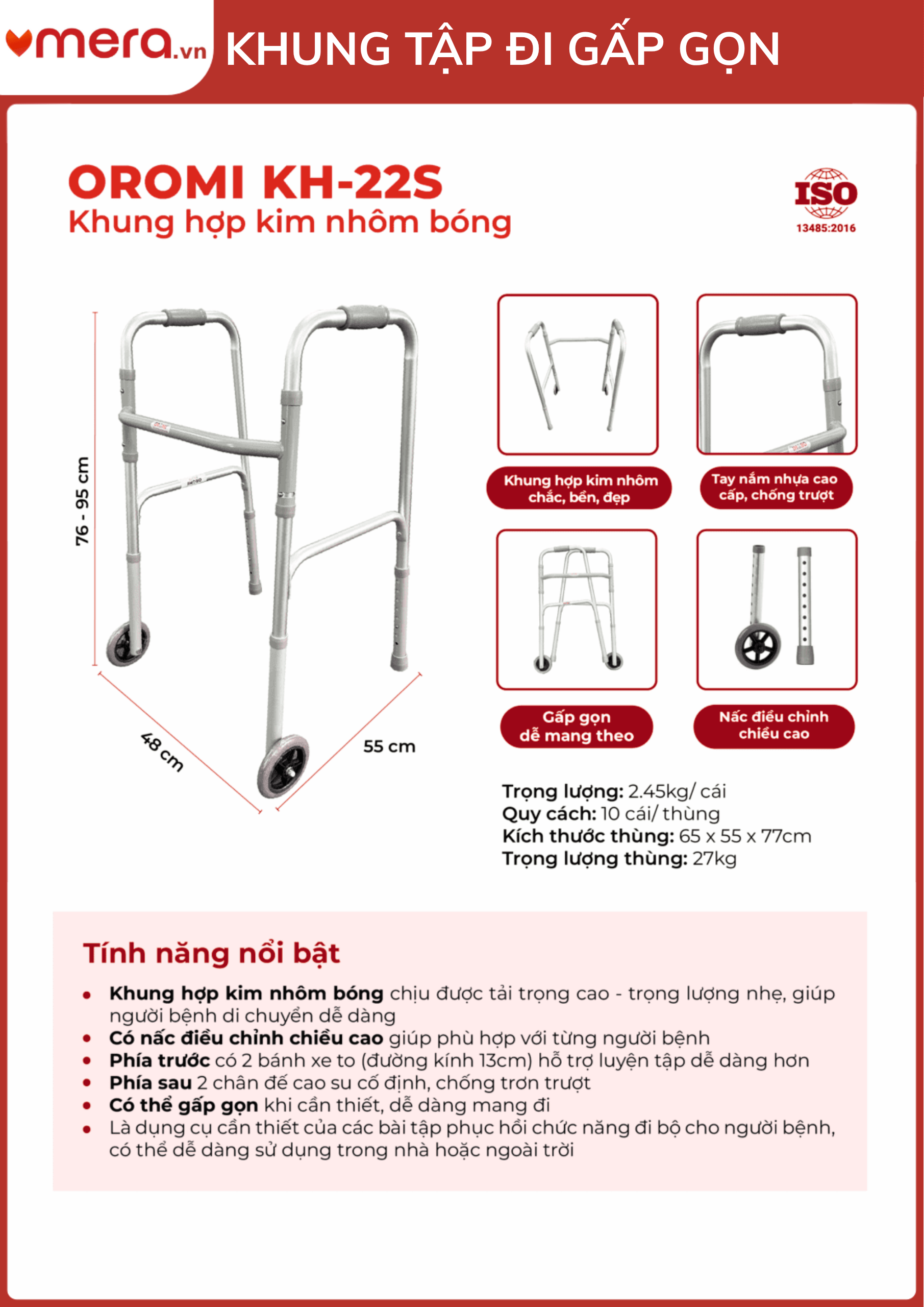 Khung Tập Đi Gấp Gọn Có Bánh Xe (Hợp Kim Nhôm Bóng, Siêu Nhẹ 2.45kg) - OROMI KH-22S