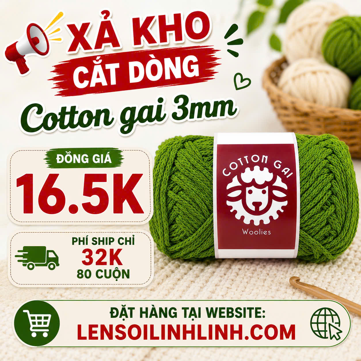 Sợi Cotton Gai 3mm Woolie