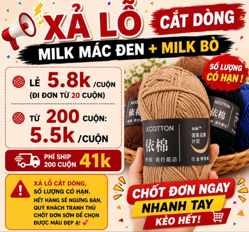 Milk Cotton 50g (+-5G) Xả lỗ cắt dòng 5.8k