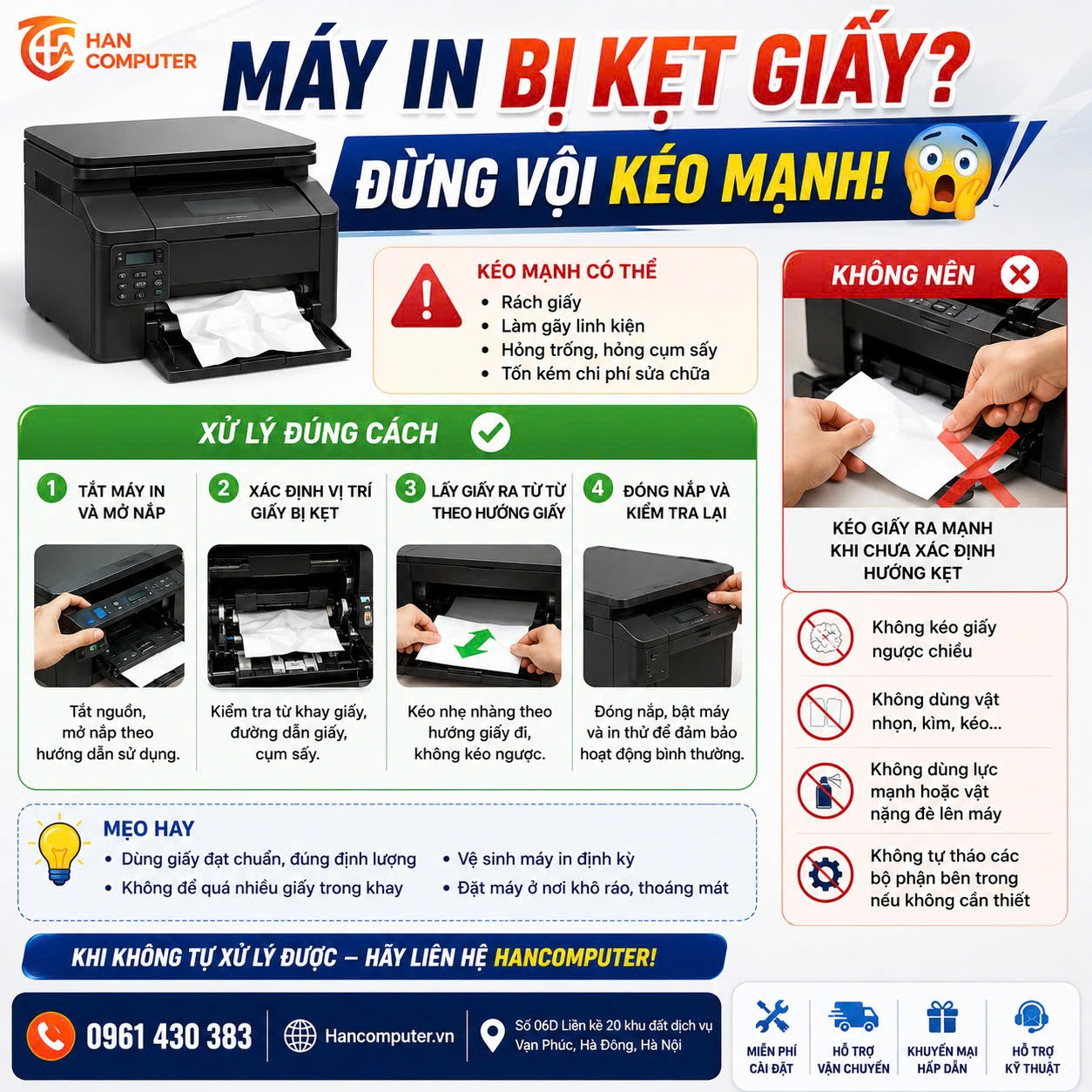 04 Bước Xử Lý Kẹt Giấy Máy In Đúng Cách, An Toàn tại Hancomputer