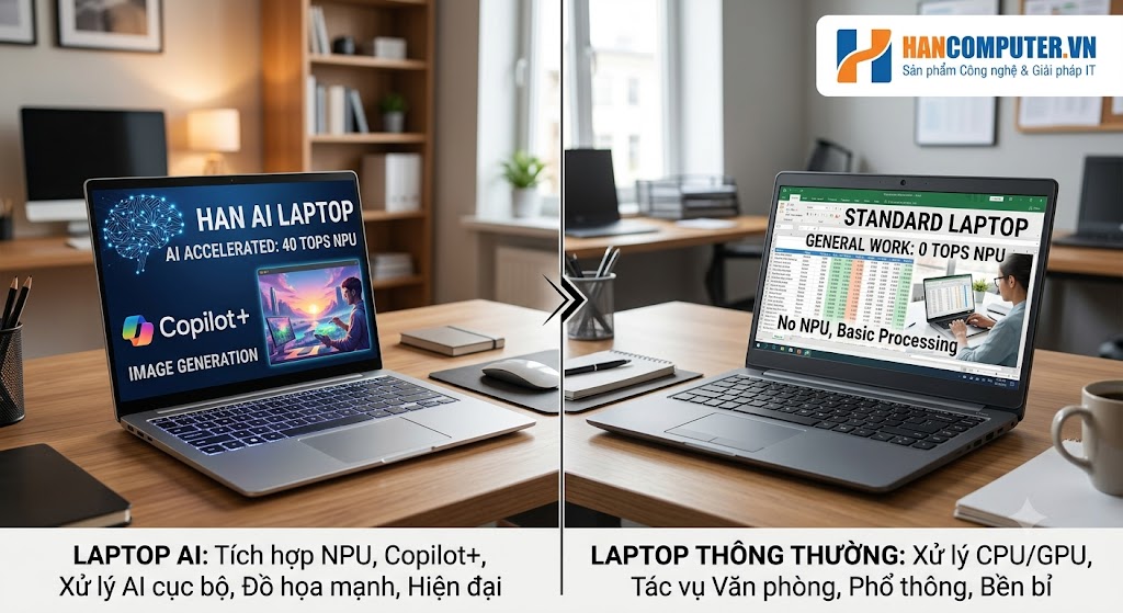 Laptop AI khác gì Laptop thông thường? Hancomputer so sánh chi tiết từ A-Z 2026